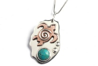 Sea Turtle and Turquoise Gemstone Handmade Sterling Silver and Copper Mixed Metal Beach Surf Pendant. 