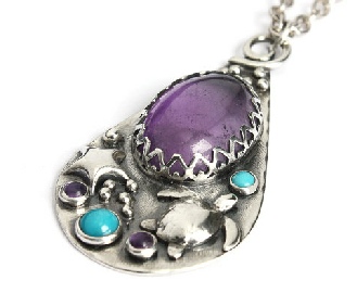 Recycled Sterling Silver, Purple Amethyst and Turquoise Gemstone Pendant with Turtle, Starfish and Bubbles